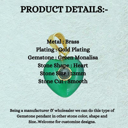 Green Monalisa Double Heart Pendant Charm Smooth Polished Gemstone with Durable Gold Plated Bail, Perfect for DIY Necklace and Bracelet Jewelry– Selling Per Piece