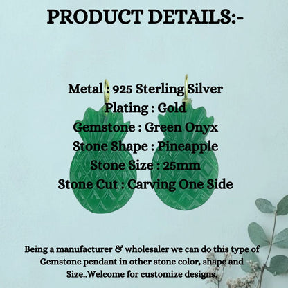 Green Onyx Gemstone Pineapple Pendant Gold Plated 925 Silver Tropical Fruit Charm for Necklaces & Bracelets- Selling Per Piece