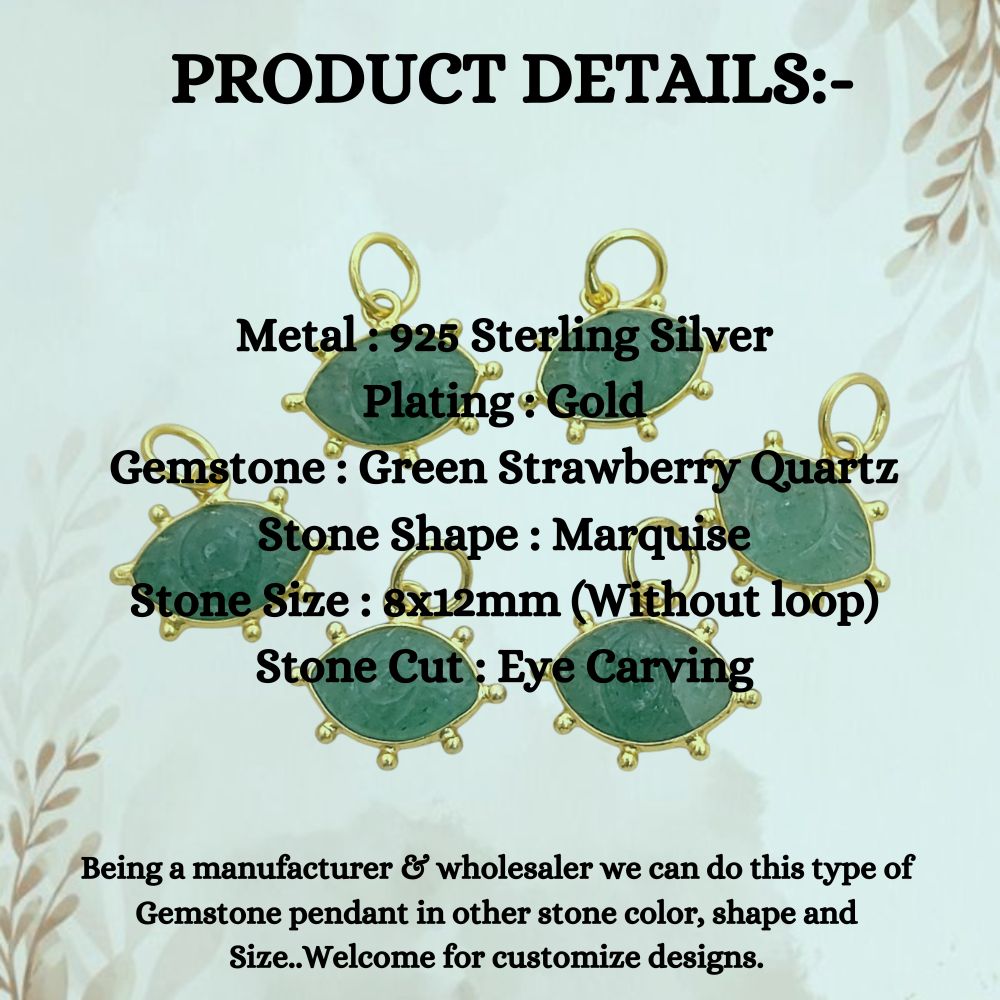 Green Strawberry Quartz Evil Eye Pendant Gold Plated 925 Sterling Silver Hand-Carved Marquise Gemstone Jewelry Charm- Selling Per Piece