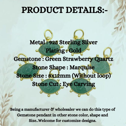 Green Strawberry Quartz Evil Eye Pendant Gold Plated 925 Sterling Silver Hand-Carved Marquise Gemstone Jewelry Charm- Selling Per Piece