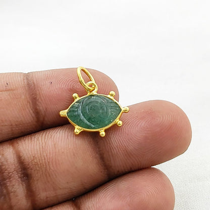 Green Strawberry Quartz Evil Eye Pendant Gold Plated 925 Sterling Silver Hand-Carved Marquise Gemstone Jewelry Charm- Selling Per Piece