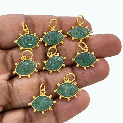 Green Strawberry Quartz Evil Eye Pendant Gold Plated 925 Sterling Silver Hand-Carved Marquise Gemstone Jewelry Charm- Selling Per Piece