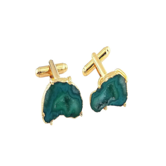 Green Druzy Cufflink Set - Gold Electroplated Geode Gemstone - Groomsmen & Anniversary Gift Pair
