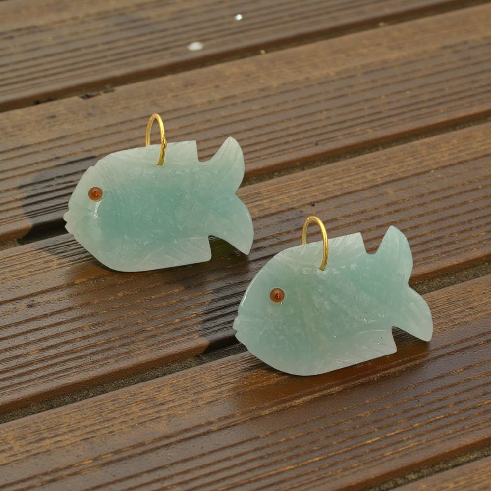 Hand-Carved Amazonite Floating Fish Pendant Gold Plated 925 Silver Gemstone Charm for Unique Jewelry Designs- Selling Per Piece