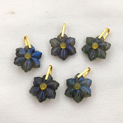 Hand-Carved Blue Labradorite Flower Pendant in 925 Sterling Silver Double Stone Healing Crystal Charm for Jewelry Making- Selling Per Piece