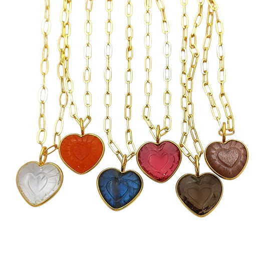 Hand-Carved Heart Gemstone Pendant Necklace with Gold Plated Paperclip Chain Dainty Handmade Jewelry- Selling Per Piece