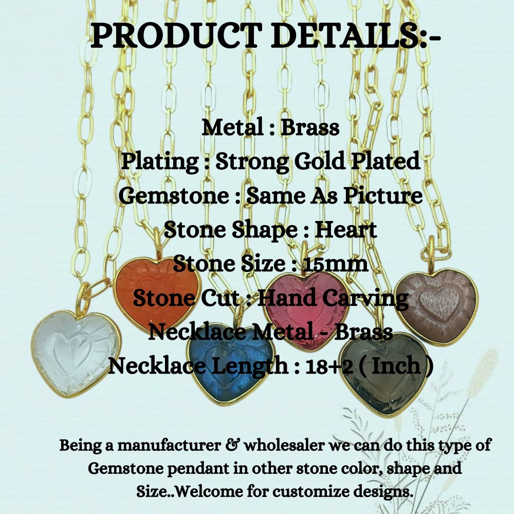 Hand-Carved Heart Gemstone Pendant Necklace with Gold Plated Paperclip Chain Dainty Handmade Jewelry- Selling Per Piece
