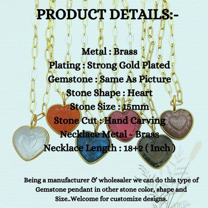 Hand-Carved Heart Gemstone Pendant Necklace with Gold Plated Paperclip Chain Dainty Handmade Jewelry- Selling Per Piece