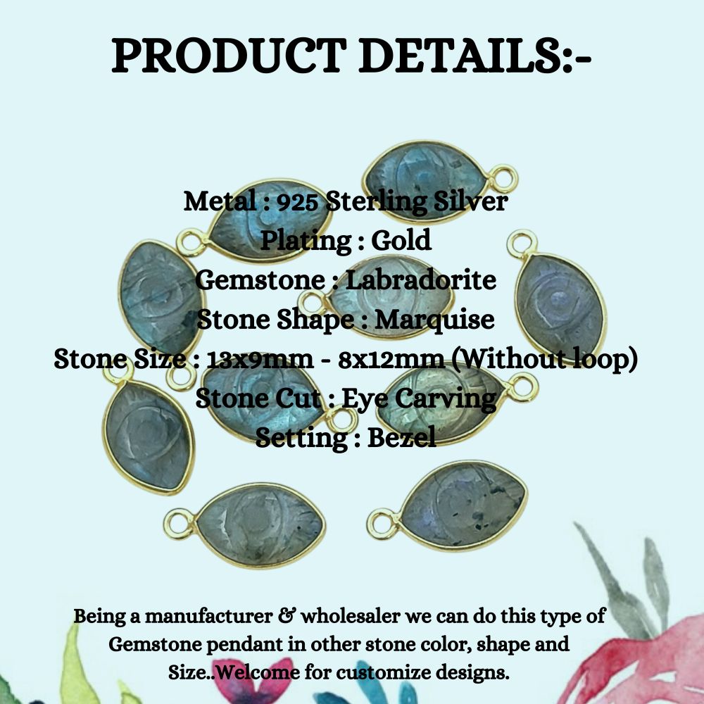 Hand-Carved Labradorite Evil Eye Pendant for Necklace in Gold Plated Sterling Silver Spiritual Gemstone Jewelry- Selling Per Piece