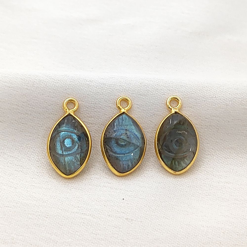 Hand-Carved Labradorite Evil Eye Pendant for Necklace in Gold Plated Sterling Silver Spiritual Gemstone Jewelry- Selling Per Piece