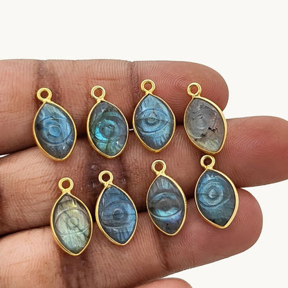 Hand-Carved Labradorite Evil Eye Pendant for Necklace in Gold Plated Sterling Silver Spiritual Gemstone Jewelry- Selling Per Piece
