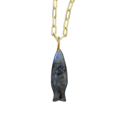 Hand-Carved Labradorite Fish Pendant for Necklace Gold Plated Paperclip Chain Spiritual Jewelry Gift- Selling Per Piece