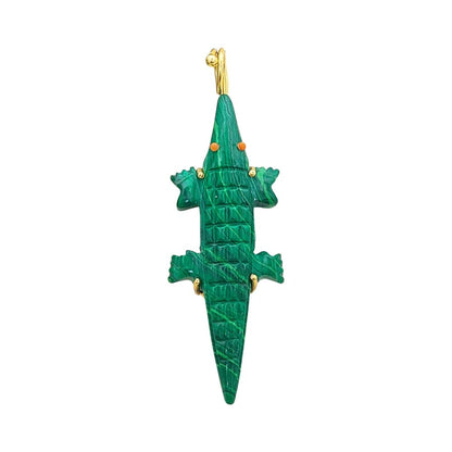 Hand-Carved Malachite Crocodile Pendant for Necklace Gold Plated Alligator Charm Tribal Boho Unisex Jewelry – Selling Per Piece