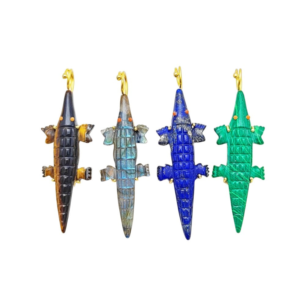 Hand-Carved Malachite Crocodile Pendant for Necklace Gold Plated Alligator Charm Tribal Boho Unisex Jewelry – Selling Per Piece
