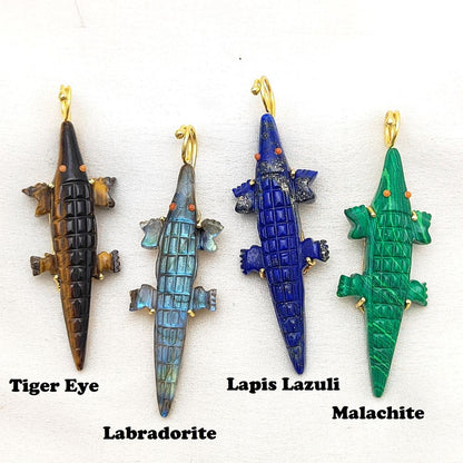 Hand-Carved Malachite Crocodile Pendant for Necklace Gold Plated Alligator Charm Tribal Boho Unisex Jewelry – Selling Per Piece