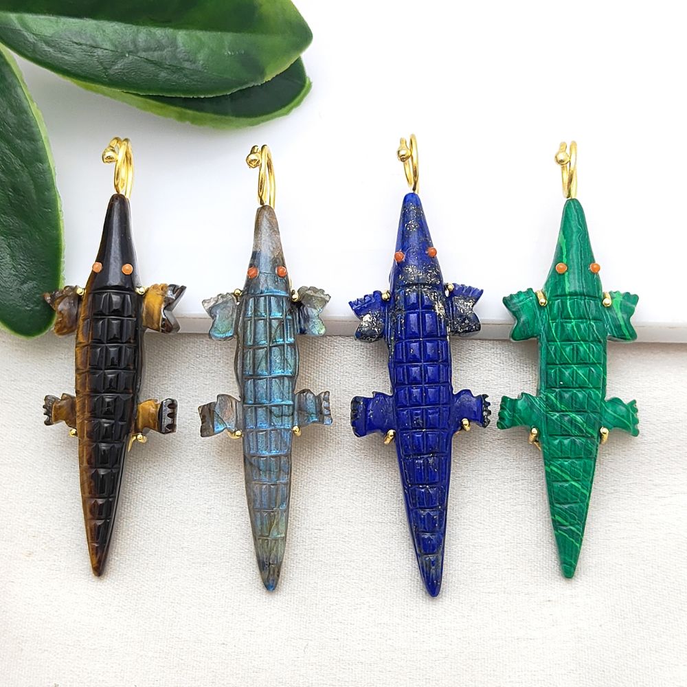 Hand-Carved Malachite Crocodile Pendant for Necklace Gold Plated Alligator Charm Tribal Boho Unisex Jewelry – Selling Per Piece