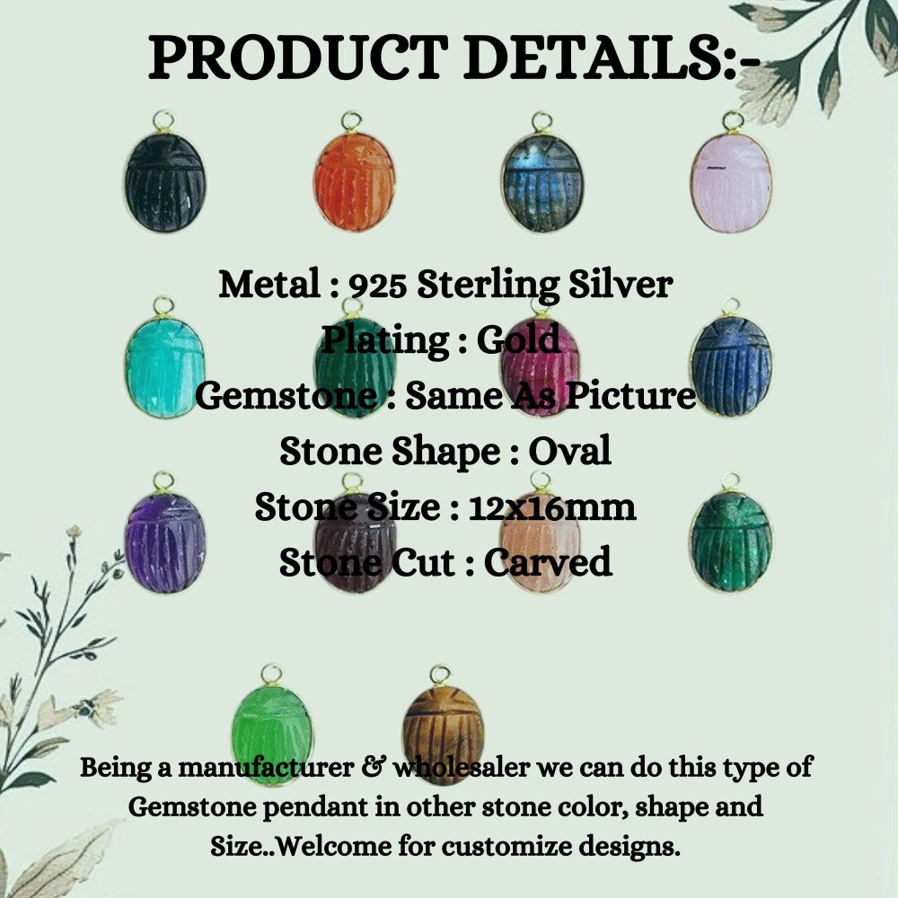 Hand-Carved Multi-Color Gemstone Oval Pendant 12x16mm Gold Plated 925 Silver Bezel Connector for Jewelry Making