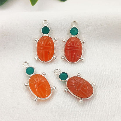 Orange Carnelian Turtle Pendant with Green Onyx Hand-Carved Gemstone Jewelry in 925 Sterling Silver for Women Selling Per Piece