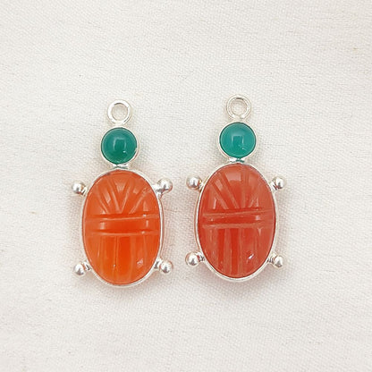 Orange Carnelian Turtle Pendant with Green Onyx Hand-Carved Gemstone Jewelry in 925 Sterling Silver for Women Selling Per Piece