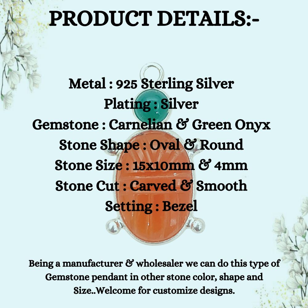 Orange Carnelian Turtle Pendant with Green Onyx Hand-Carved Gemstone Jewelry in 925 Sterling Silver for Women Selling Per Piece