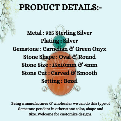 Orange Carnelian Turtle Pendant with Green Onyx Hand-Carved Gemstone Jewelry in 925 Sterling Silver for Women Selling Per Piece