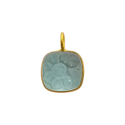 Hand Carved Aqua Quartz Cushion Flower Pendant Natural Gemstone Necklace Charm March Birthstone Jewelry
