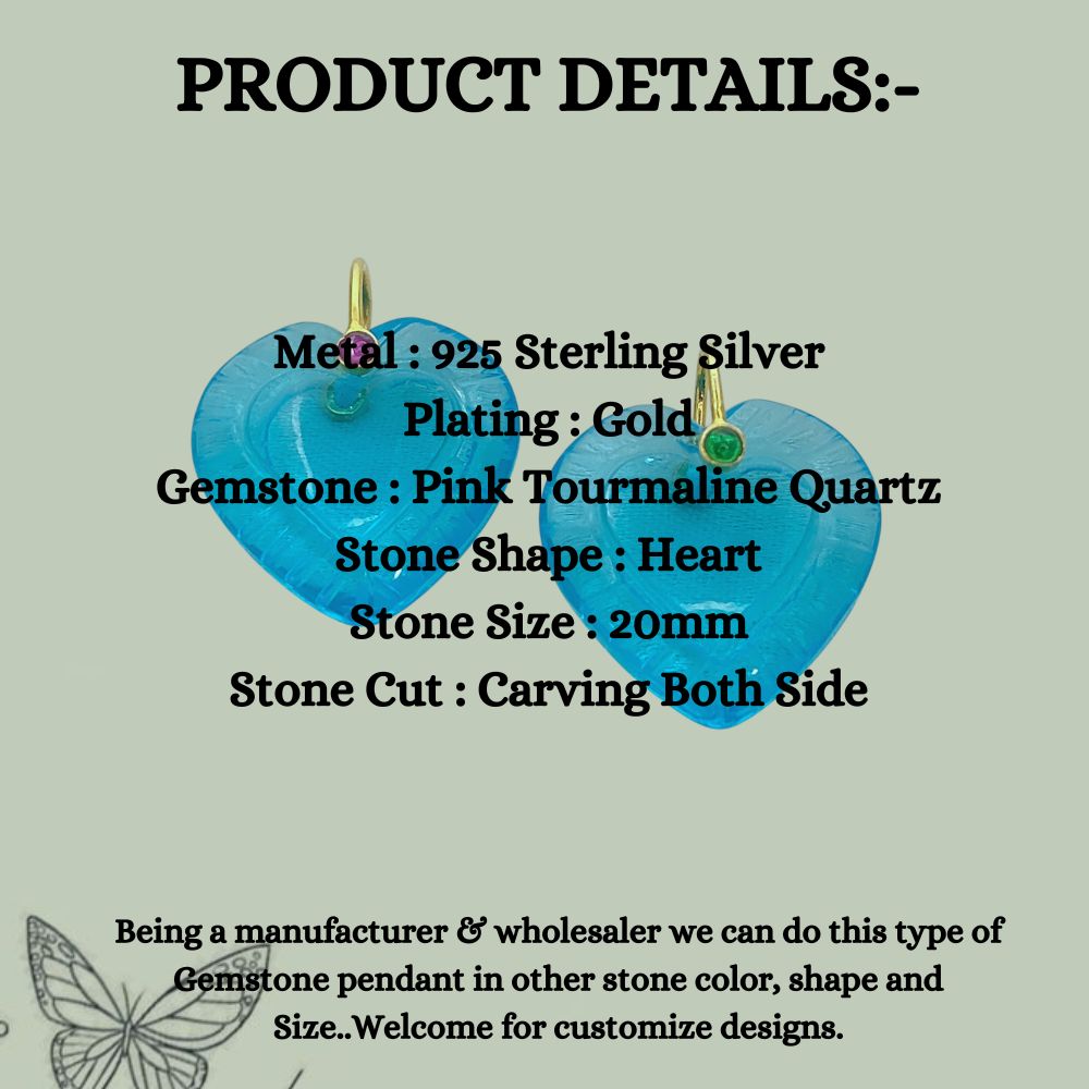 Hand Carved Blue Topaz Quartz Heart Gemstone Pendant with 925 Sterling Silver Fancy Bail - Selling Per Piece