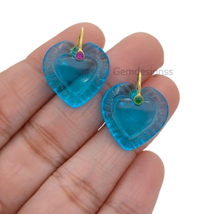 Hand Carved Blue Topaz Quartz Heart Gemstone Pendant with 925 Sterling Silver Fancy Bail - Selling Per Piece