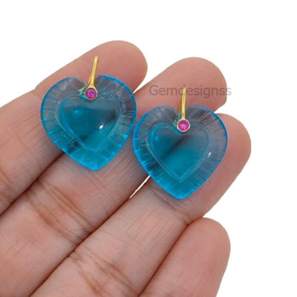 Hand Carved Blue Topaz Quartz Heart Gemstone Pendant with 925 Sterling Silver Fancy Bail - Selling Per Piece