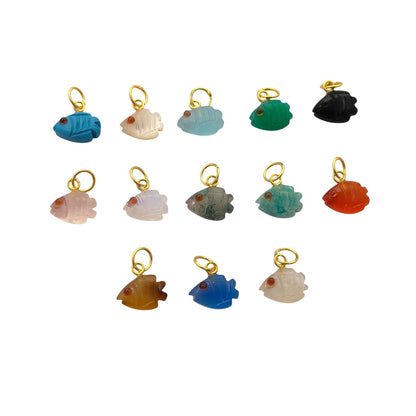 Hand Carved Gemstone Fish Pendants Natural Crystal Mini Fish Charms with Gold Plated Bail for Jewelry Making