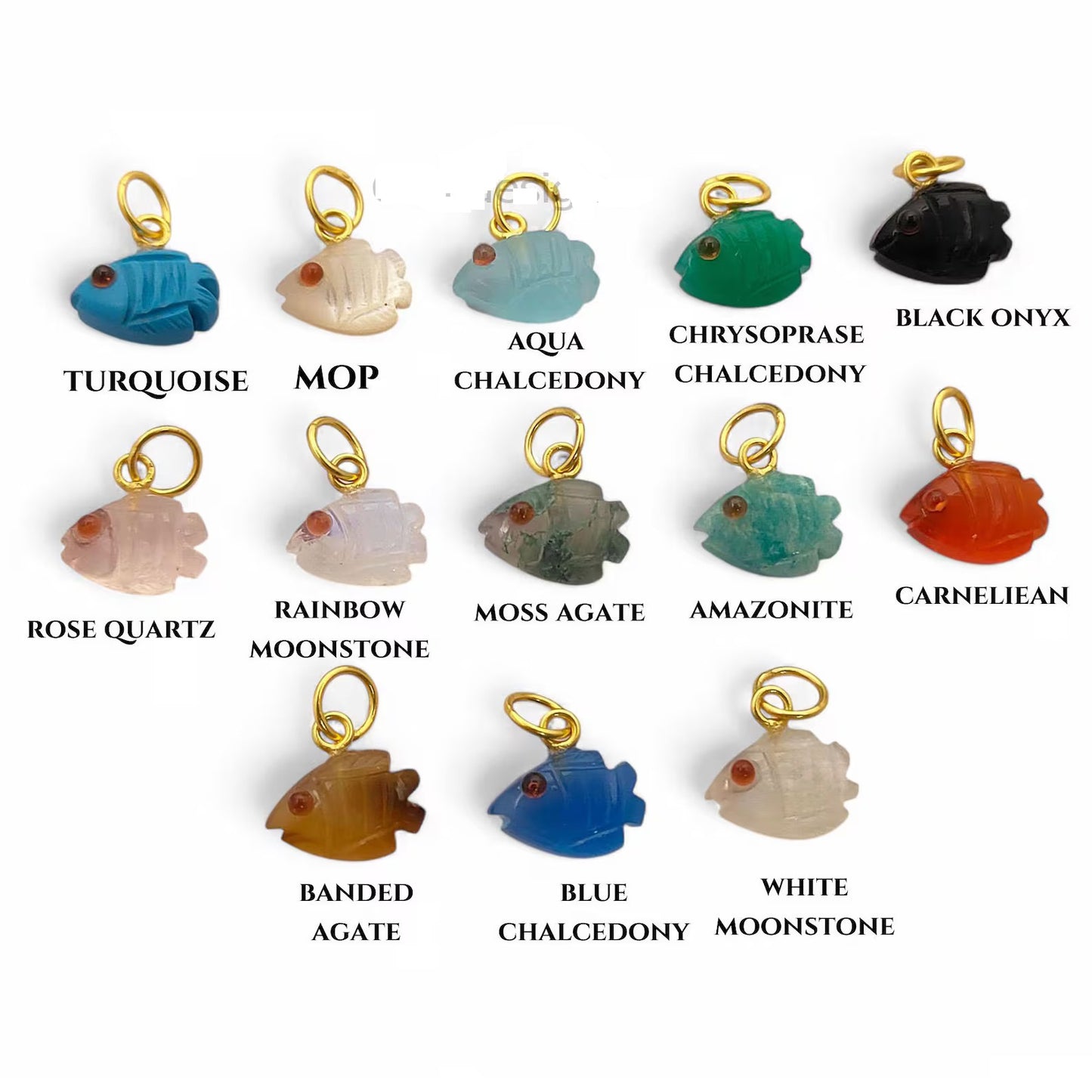 Hand Carved Gemstone Fish Pendants Natural Crystal Mini Fish Charms with Gold Plated Bail for Jewelry Making
