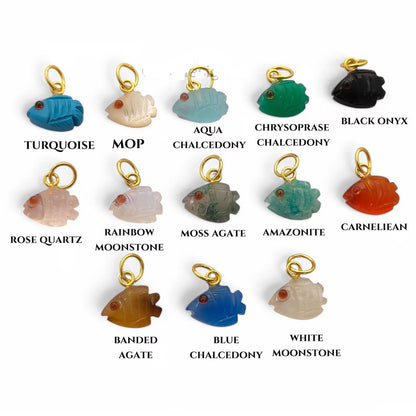 Hand Carved Gemstone Fish Pendants Natural Crystal Mini Fish Charms with Gold Plated Bail for Jewelry Making
