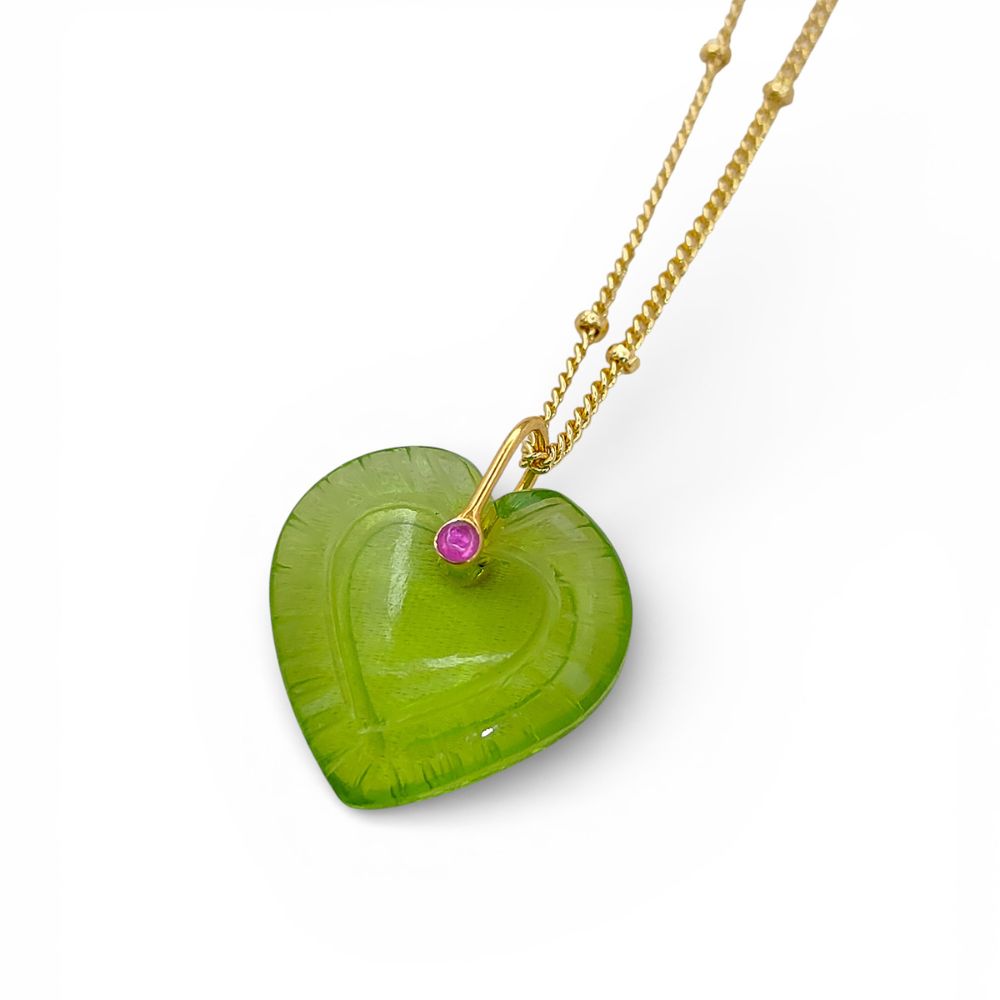 Hand Carved Peridot Quartz Heart Necklace in Gold Plated Finish Green Gemstone Pendant with Fancy Pinch Bail- Selling Per Piece