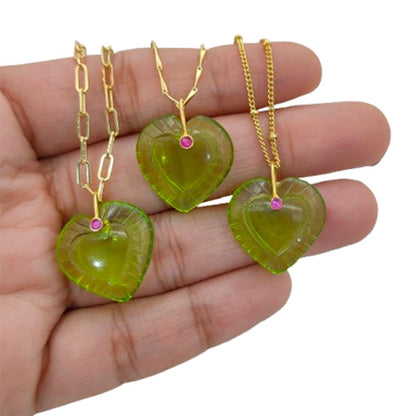 Hand Carved Peridot Quartz Heart Necklace in Gold Plated Finish Green Gemstone Pendant with Fancy Pinch Bail- Selling Per Piece
