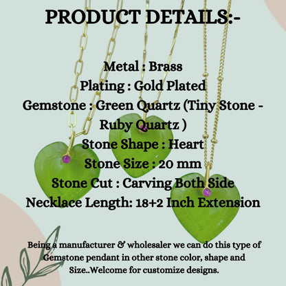 Hand Carved Peridot Quartz Heart Necklace in Gold Plated Finish Green Gemstone Pendant with Fancy Pinch Bail- Selling Per Piece