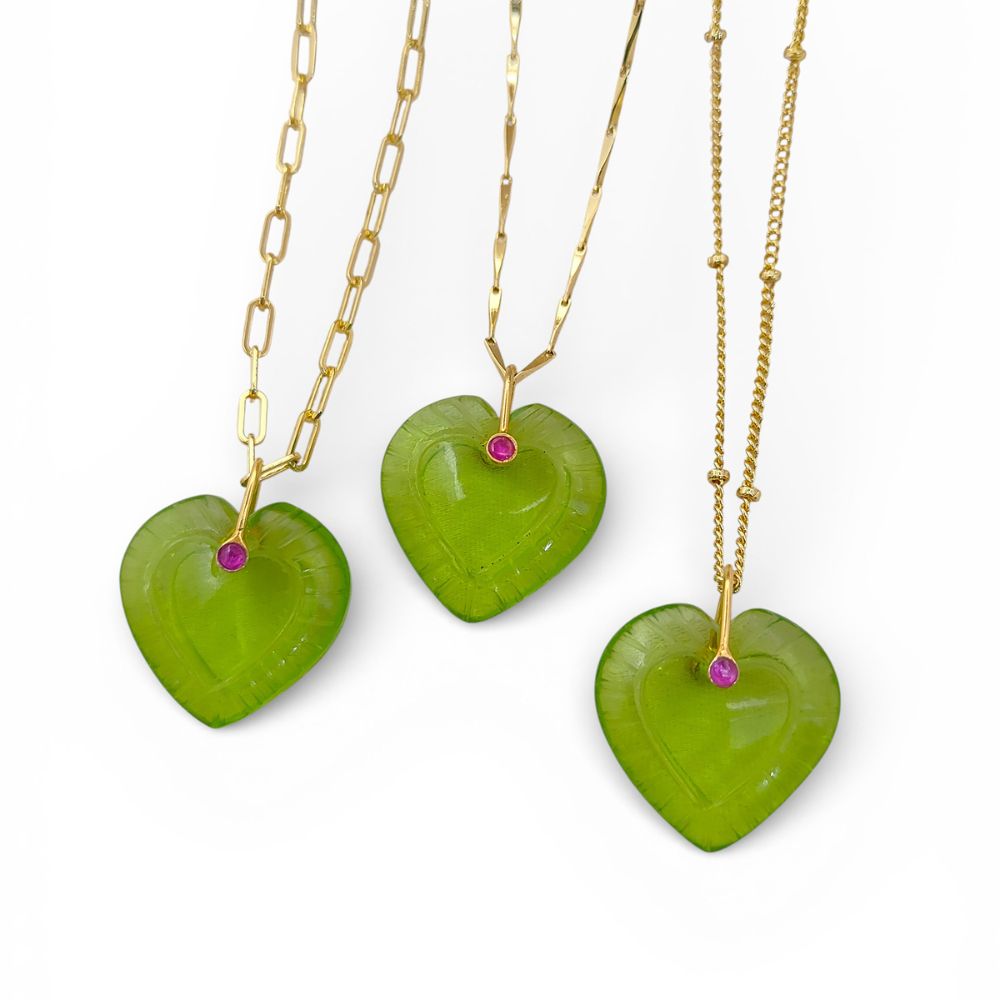 Hand Carved Peridot Quartz Heart Necklace in Gold Plated Finish Green Gemstone Pendant with Fancy Pinch Bail- Selling Per Piece