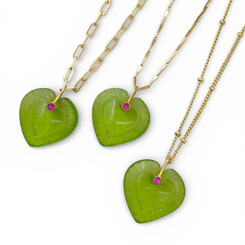 Hand Carved Peridot Quartz Heart Necklace in Gold Plated Finish Green Gemstone Pendant with Fancy Pinch Bail- Selling Per Piece