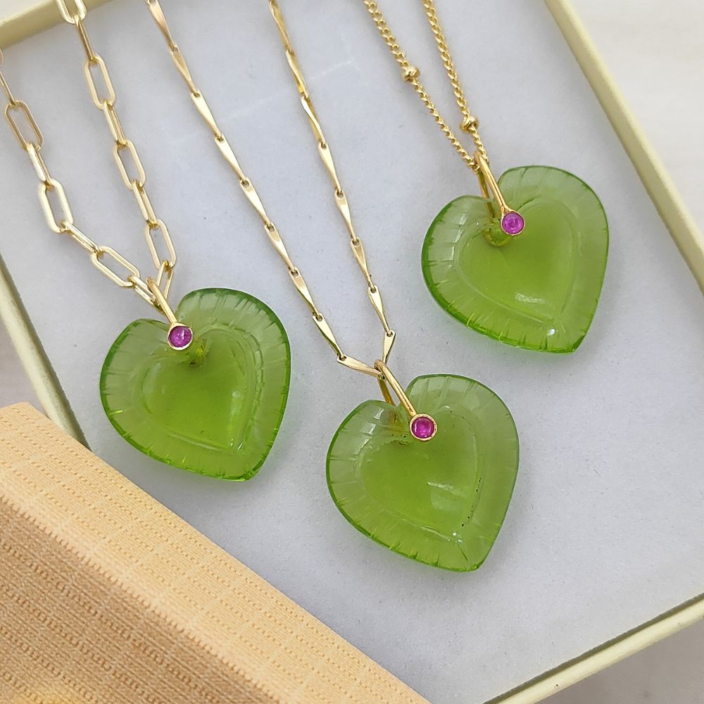 Hand Carved Peridot Quartz Heart Necklace in Gold Plated Finish Green Gemstone Pendant with Fancy Pinch Bail- Selling Per Piece