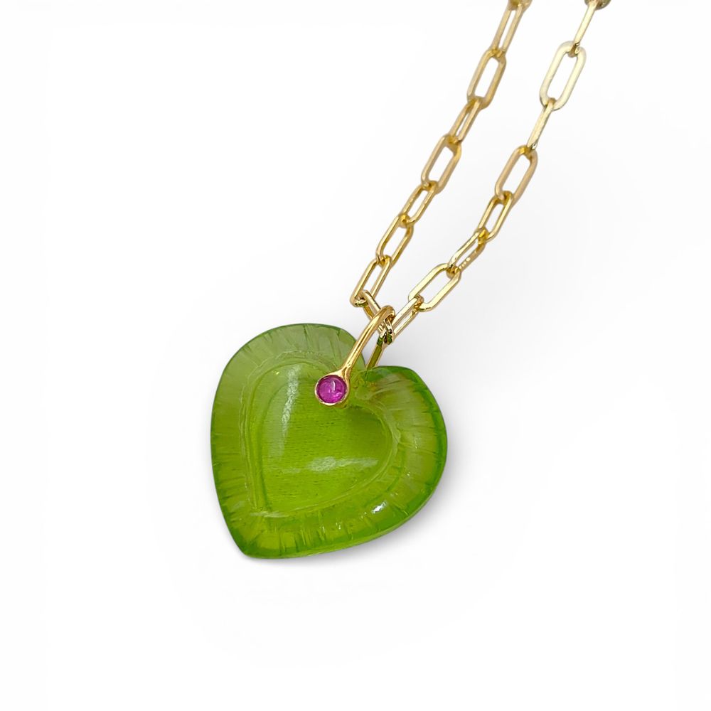 Hand Carved Peridot Quartz Heart Necklace in Gold Plated Finish Green Gemstone Pendant with Fancy Pinch Bail- Selling Per Piece