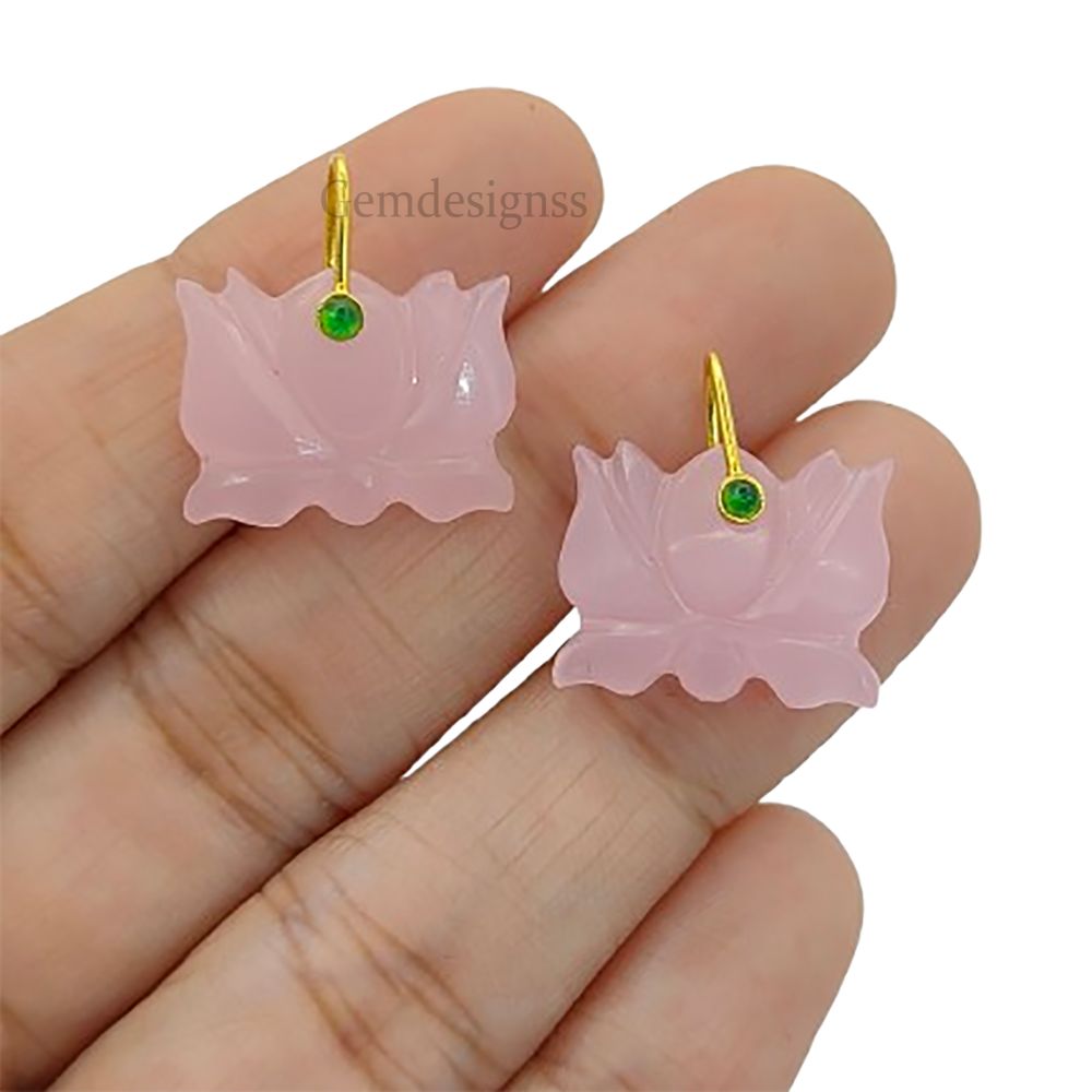 Hand Carved Pink Chalcedony Lotus Pendant Mahalaxmi Goddess Lotus Symbol Gemstone Charm with 925 Sterling Silver Bail- Selling Per Piece