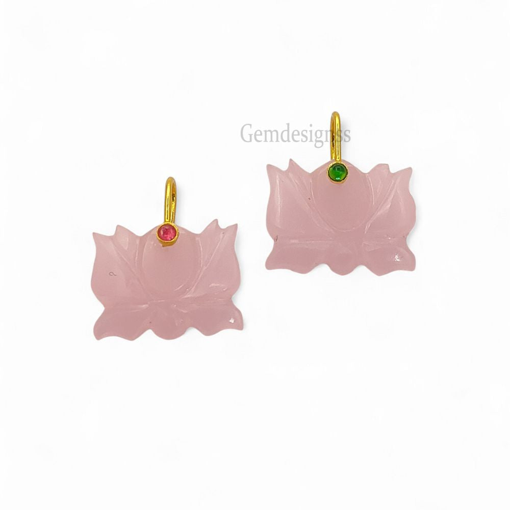 Hand Carved Pink Chalcedony Lotus Pendant Mahalaxmi Goddess Lotus Symbol Gemstone Charm with 925 Sterling Silver Bail- Selling Per Piece