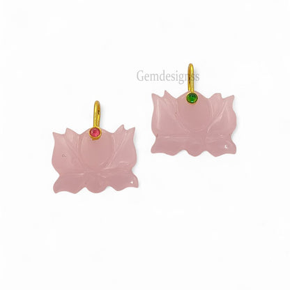 Hand Carved Pink Chalcedony Lotus Pendant Mahalaxmi Goddess Lotus Symbol Gemstone Charm with 925 Sterling Silver Bail- Selling Per Piece