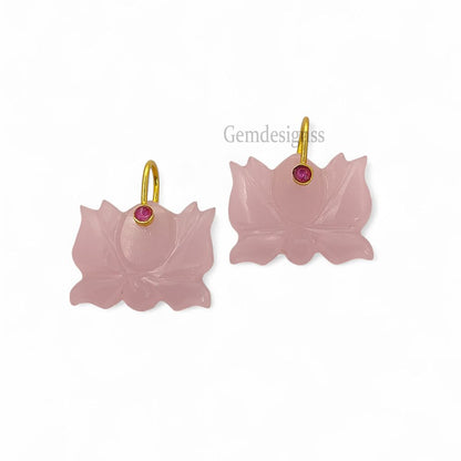 Hand Carved Pink Chalcedony Lotus Pendant Mahalaxmi Goddess Lotus Symbol Gemstone Charm with 925 Sterling Silver Bail- Selling Per Piece