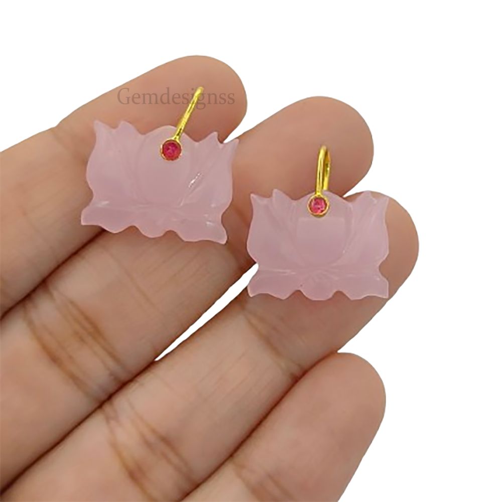 Hand Carved Pink Chalcedony Lotus Pendant Mahalaxmi Goddess Lotus Symbol Gemstone Charm with 925 Sterling Silver Bail- Selling Per Piece