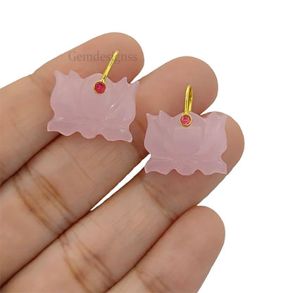 Hand Carved Pink Chalcedony Lotus Pendant Mahalaxmi Goddess Lotus Symbol Gemstone Charm with 925 Sterling Silver Bail- Selling Per Piece