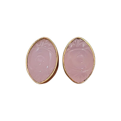 Hand Carved Evil Eye Pink Chalcedony Stud Earrings Marquise Gemstone Gold Vermeil Boho Jewelry- Selling Per Pair
