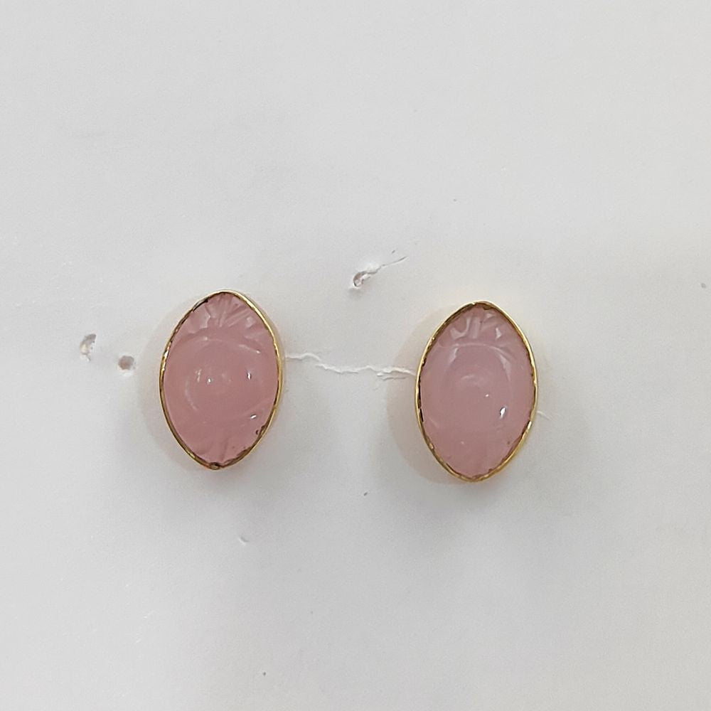 Hand Carved Evil Eye Pink Chalcedony Stud Earrings Marquise Gemstone Gold Vermeil Boho Jewelry- Selling Per Pair