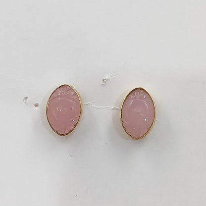 Hand Carved Evil Eye Pink Chalcedony Stud Earrings Marquise Gemstone Gold Vermeil Boho Jewelry- Selling Per Pair
