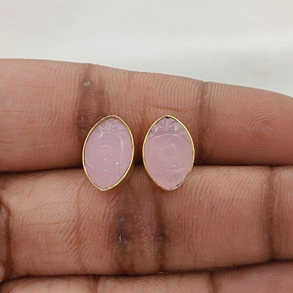 Hand Carved Evil Eye Pink Chalcedony Stud Earrings Marquise Gemstone Gold Vermeil Boho Jewelry- Selling Per Pair