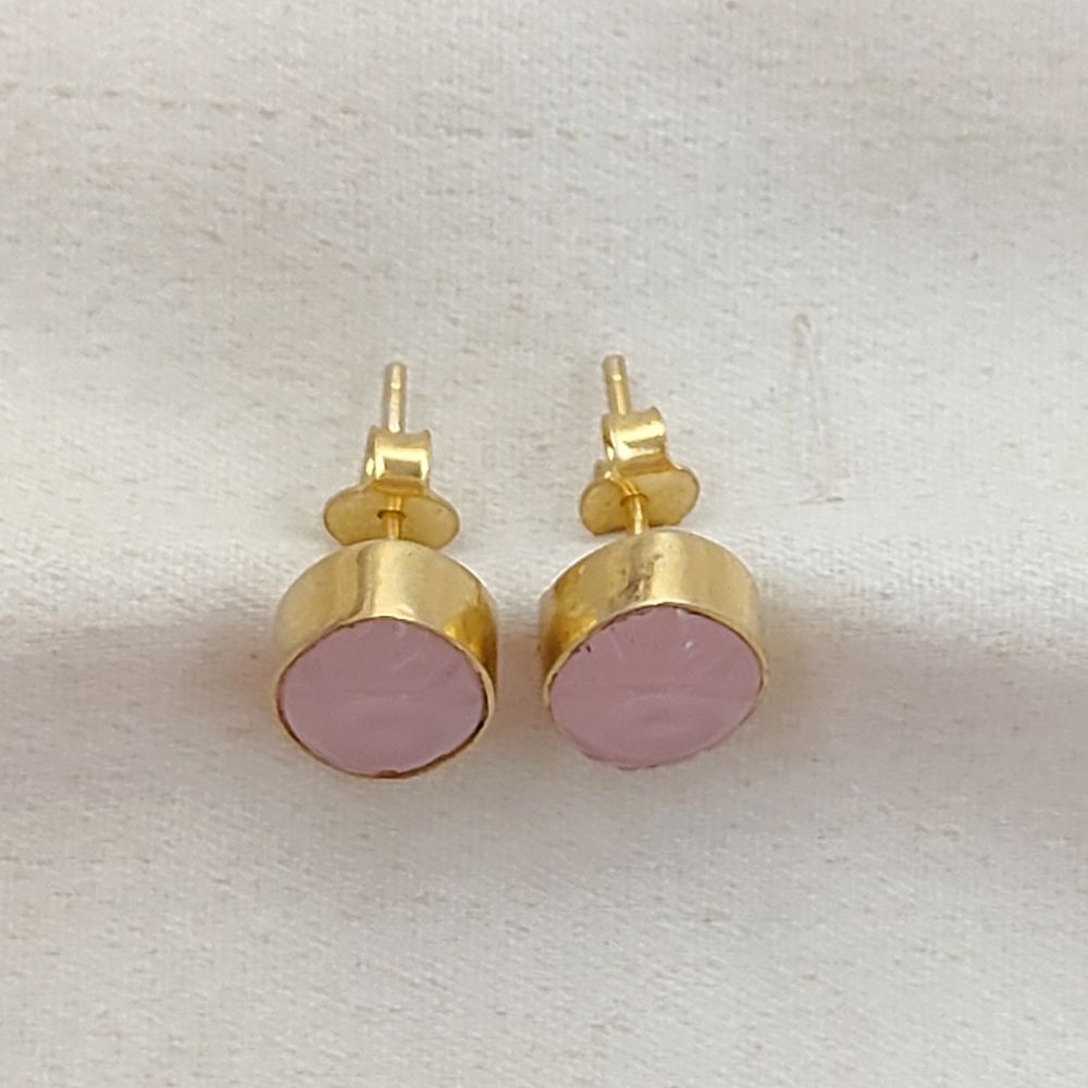 Hand Carved Evil Eye Pink Chalcedony Stud Earrings Marquise Gemstone Gold Vermeil Boho Jewelry- Selling Per Pair